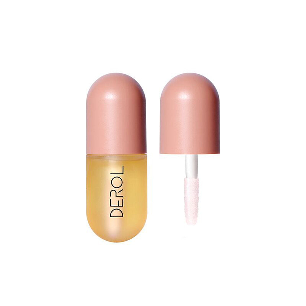 Close-up of Day Night Instant Volume Lip Plumper Oil bottle, emphasizing its clear, nourishing formula for fuller lips and reduced fine lines.