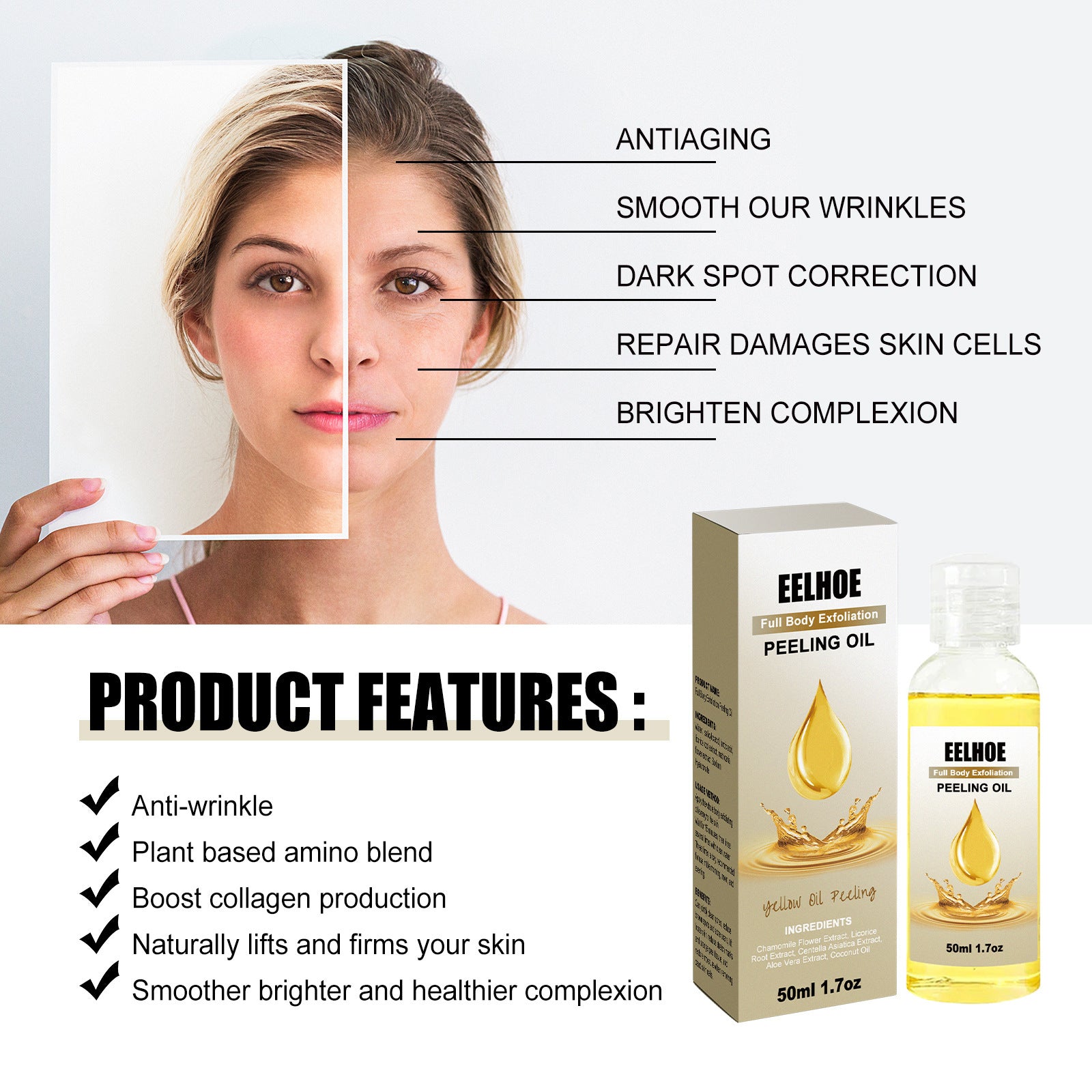 Close-up of Delicate Brightening Body Cleaning Exfoliating Skin Care Oil bottle, highlighting its gentle exfoliation and brightening properties for smooth, radiant skin