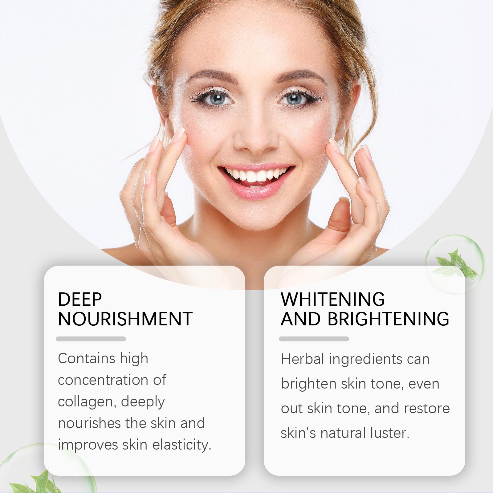 Close-up of Collagen Brightening Moisturizing Care Solution bottle, emphasizing its anti-aging benefits and natural botanical extracts for radiant skin.