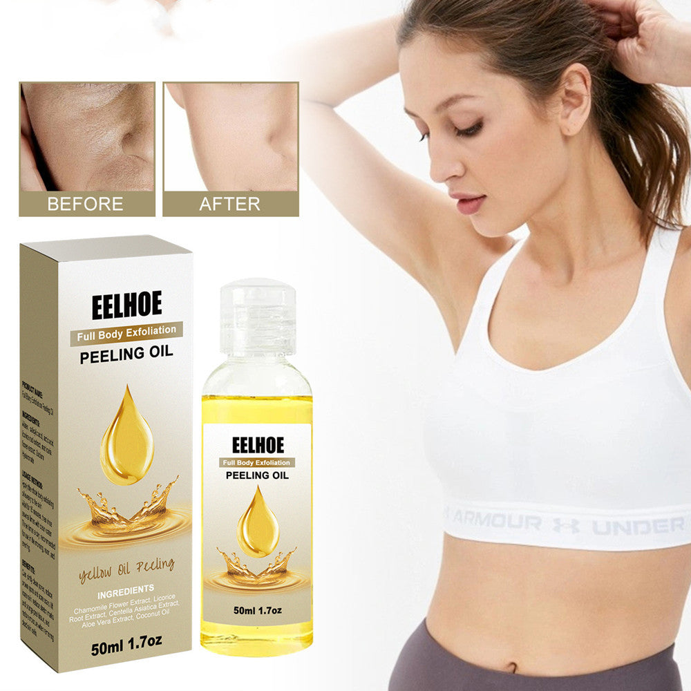 Close-up of Delicate Brightening Body Cleaning Exfoliating Skin Care Oil bottle, highlighting its gentle exfoliation and brightening properties for smooth, radiant skin